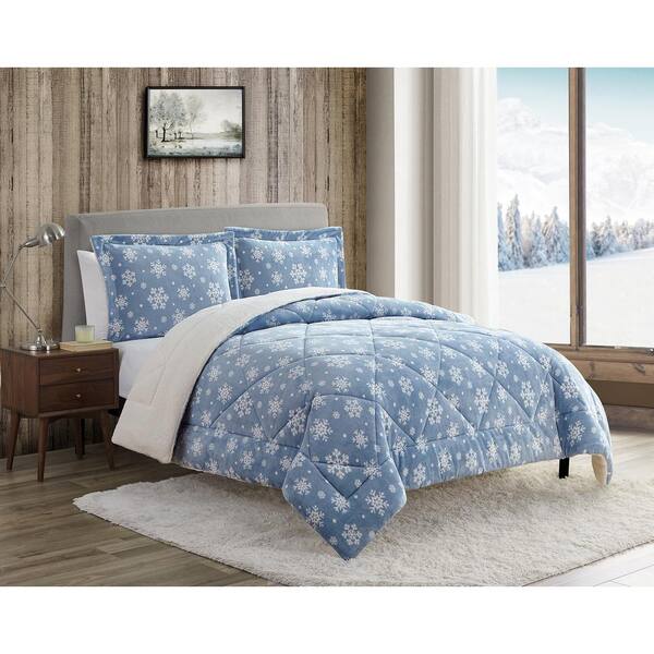 3 Piece Blue Snowflakes Ultra Flannel, Snowflake Bedding King