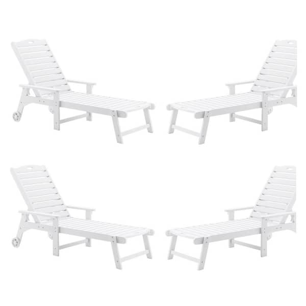 LUE BONA Oversized Plastic Outdoor Chaise Lounge Chair with Wheels and Adjustable Backrest for Poolside Patio(set of 4)-White