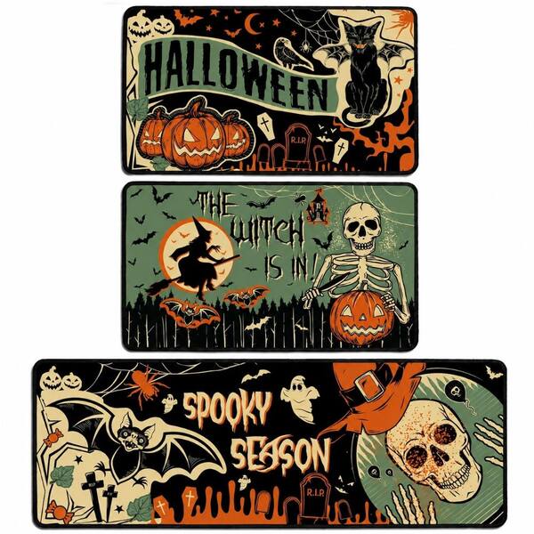Halloween Kitchen Rugs and Mats Set of 3 with Spooky Pumpkin, Skeleton and Witch Bat Pattern