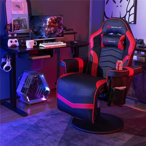 Massage Gaming Recliner Red Height Adjustable Racing Swivel Chair with Cup Holder