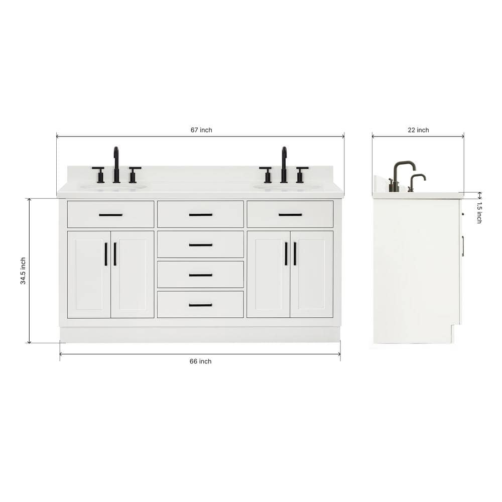White Quartz Double Basin Freestanding Vanity with Black Hardware