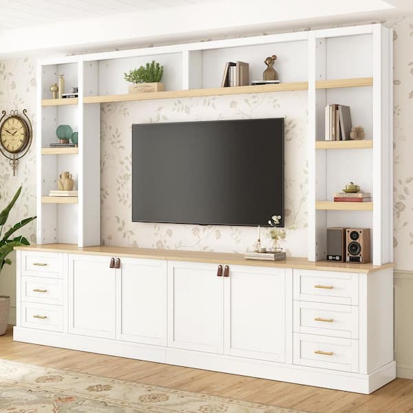 Farmhouse White 4-Piece Entertainment Center Fits TVs up to 75 in. with Adjustable Shelf, 6 Drawers, Bookshelves