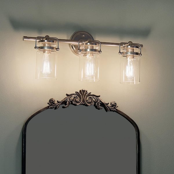 Brinley 24 in. 3-Light Brushed Nickel Vintage Bathroom Vanity Light with Clear Glass