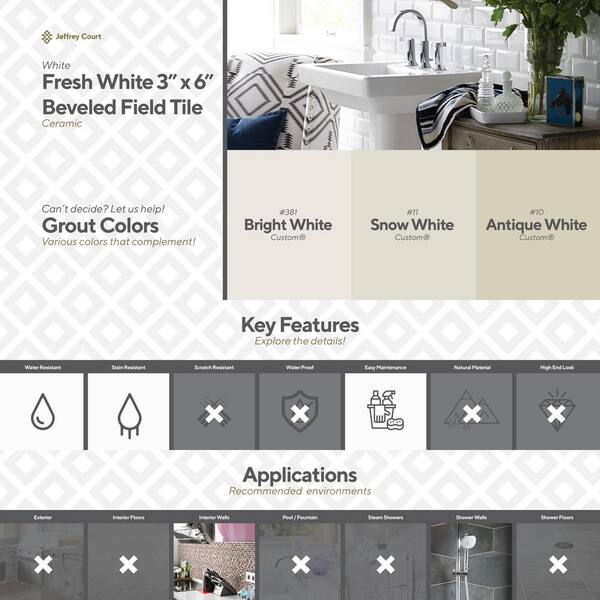 Jeffrey Court Fresh White 3 in. x 6 in. Glossy Beveled Ceramic Wall Tile (11 sq. ft. / case)
