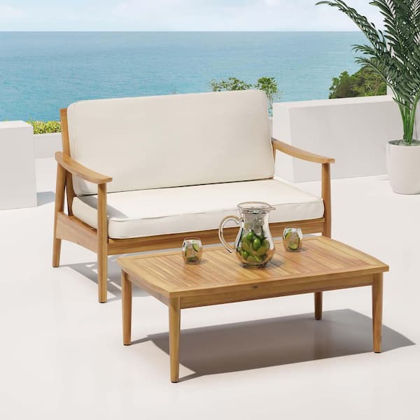 Acacia Wood Outdoor Loveseat and Coffee Table Set, Sofa with Beige Cushions, Conversation Set, Yard Lawn Garden, Natural