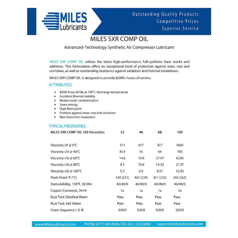 Miles Sxr Comp Oil 100 - 1 Gal. Full Synthetic Pao Based Rotary Compressor Fluid (Pack of 4)
