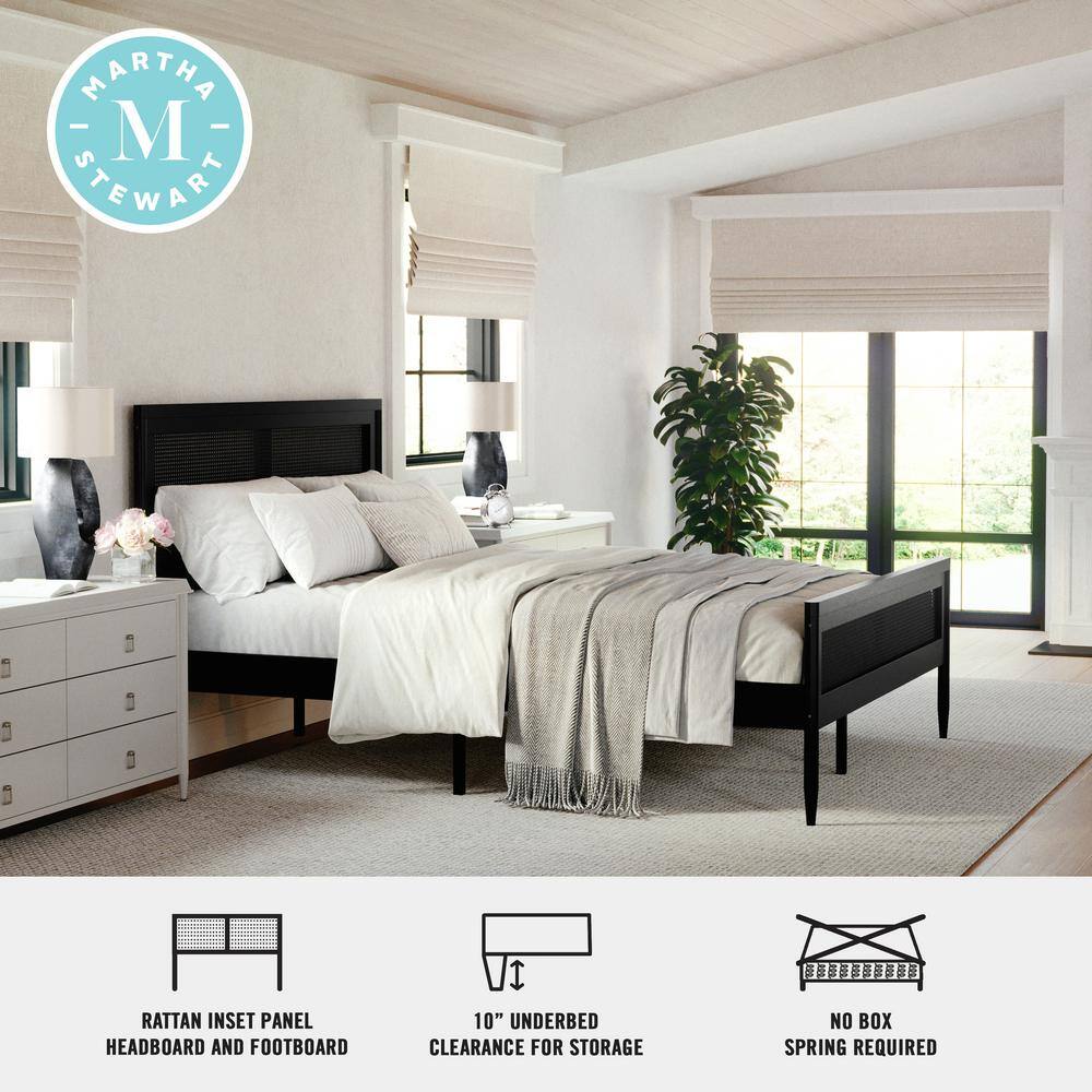 Black Queen Size Wood Platform Bed with Rattan Headboard and Footboard