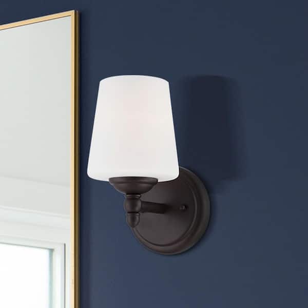Darcy 5.25 in. 1-Light Oil Rubbed Bronze Transitional Wall Sconce with White Opal Glass Shade