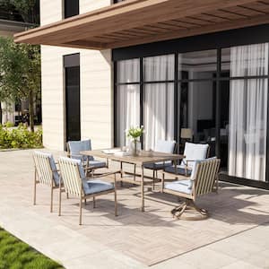 SleekLine 7-Piece Aluminum Rectangular Outdoor Dining Set with Swivel Chairs and Blue Cushions