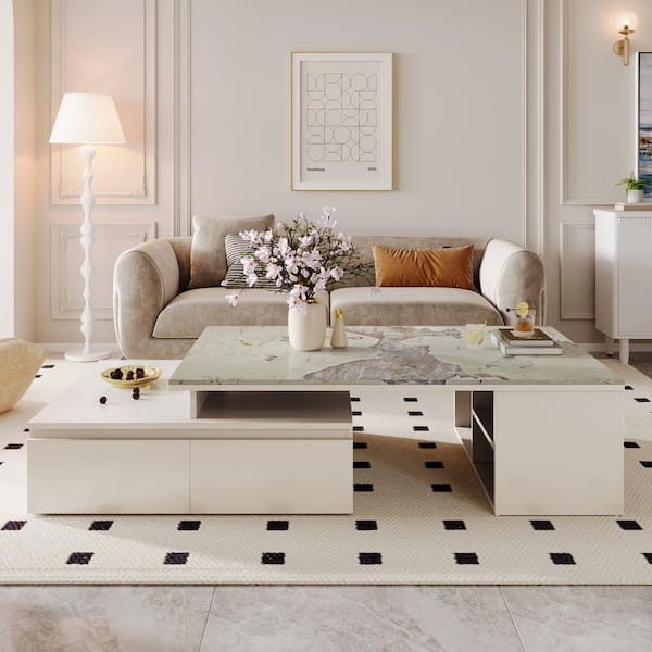 BYBLIGHT Allan 51.1 in. White Rectangle Engineered Wood Coffee Table with Extendable Top and 4-Drawers Storage Shelves