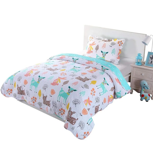 MarCielo XL007 White/Multi Forest Deer Twin Cotton Quilt Bedspread Set