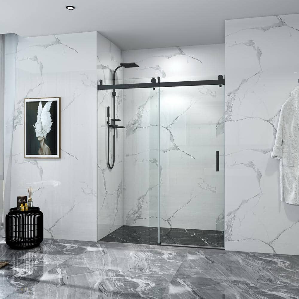 Matte Black Frameless Sliding Shower Door with Clear Glass