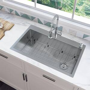 AIO Zero Radius Drop-in/Undermount 16G Stainless Steel 36 in. 2-Hole Single Bowl Kitchen Sink with Spring Neck Faucet