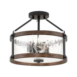 Hadley 60-Watt 3-Light Textured Black Modern Semi-Flush with Clear Crackled Shade, No Bulb Included