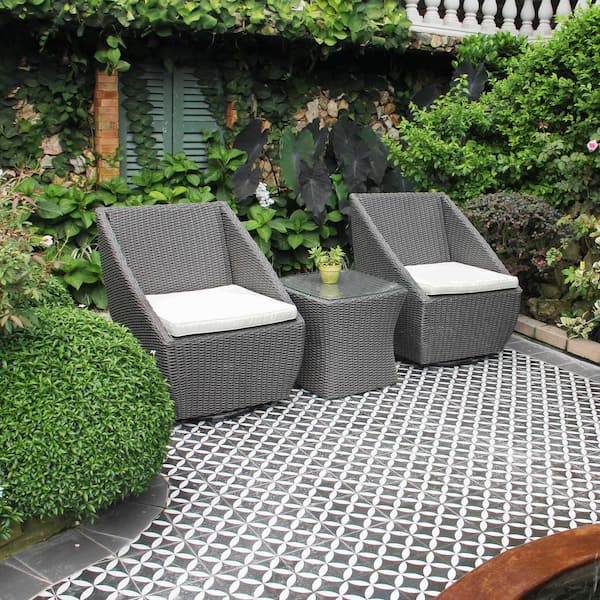 MADE 4 HOME Heyfield Swivel 3-Piece Black Powder Coated Steel Frame Wicker Square Table Outdoor Bistro Set with White Cushions