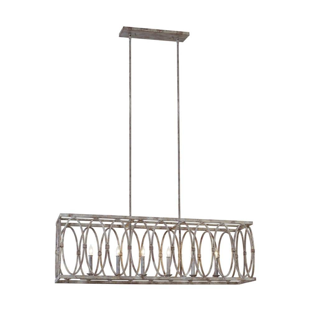 Sutton 6-Light Weathered Gray Rustic Farmhouse Linear Hanging Rectangular Island Chandelier with Open Oval Cage Shade price history on PriceWatchPro