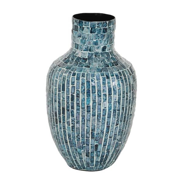 Litton Lane 16 in. Blue Handmade Mother of Pearl Shell Decorative Vase