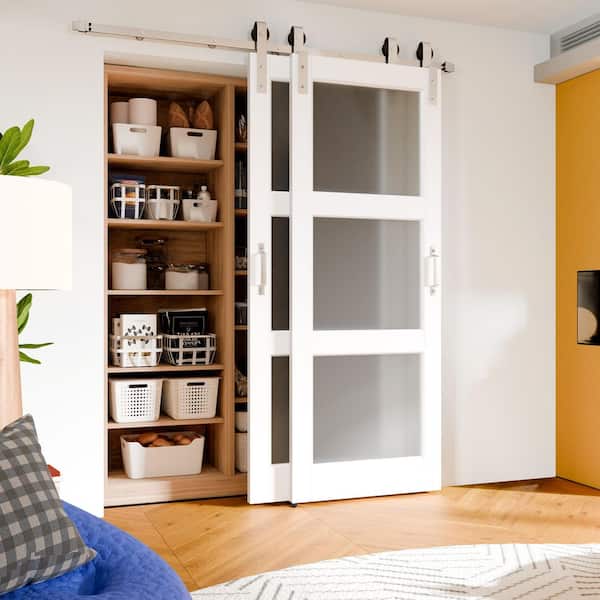 TENONER 60 in. x 80 in. (Double 30 in. ), White 3-Lite Frosted Glass Solid Wood Barn Door Slab with Bypass Hardware Kit Set