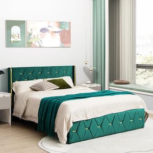 Green Wood Frame Queen Size Platform Bed with Adjustable Headboard