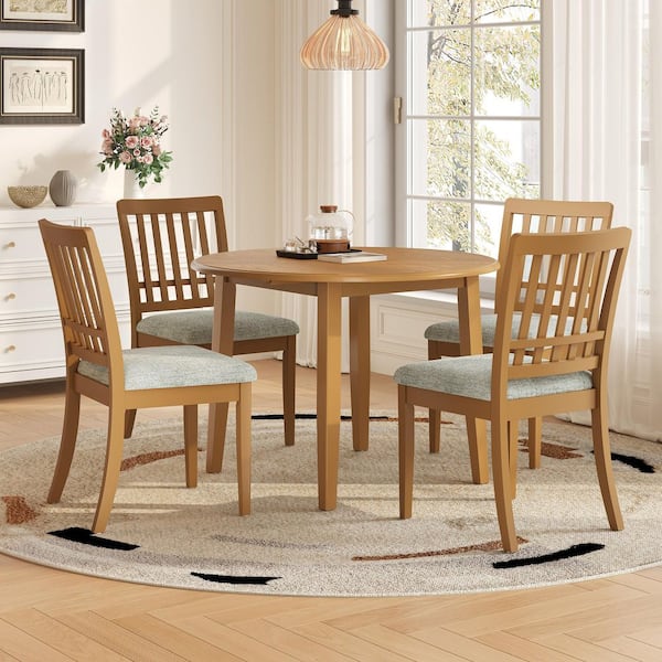 Armond Modern Rustic 5-Piece Round Light Brown MDF Extendable Wood Dining Table Set with Upholstered Chairs, Seats 4