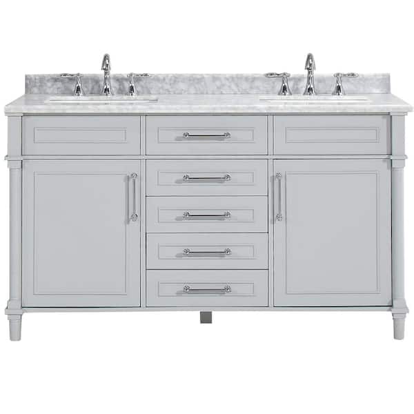 Aberdeen 60 in. Double Sink Dove Gray Bath Vanity with Carrara Marble Top (Assembled)
