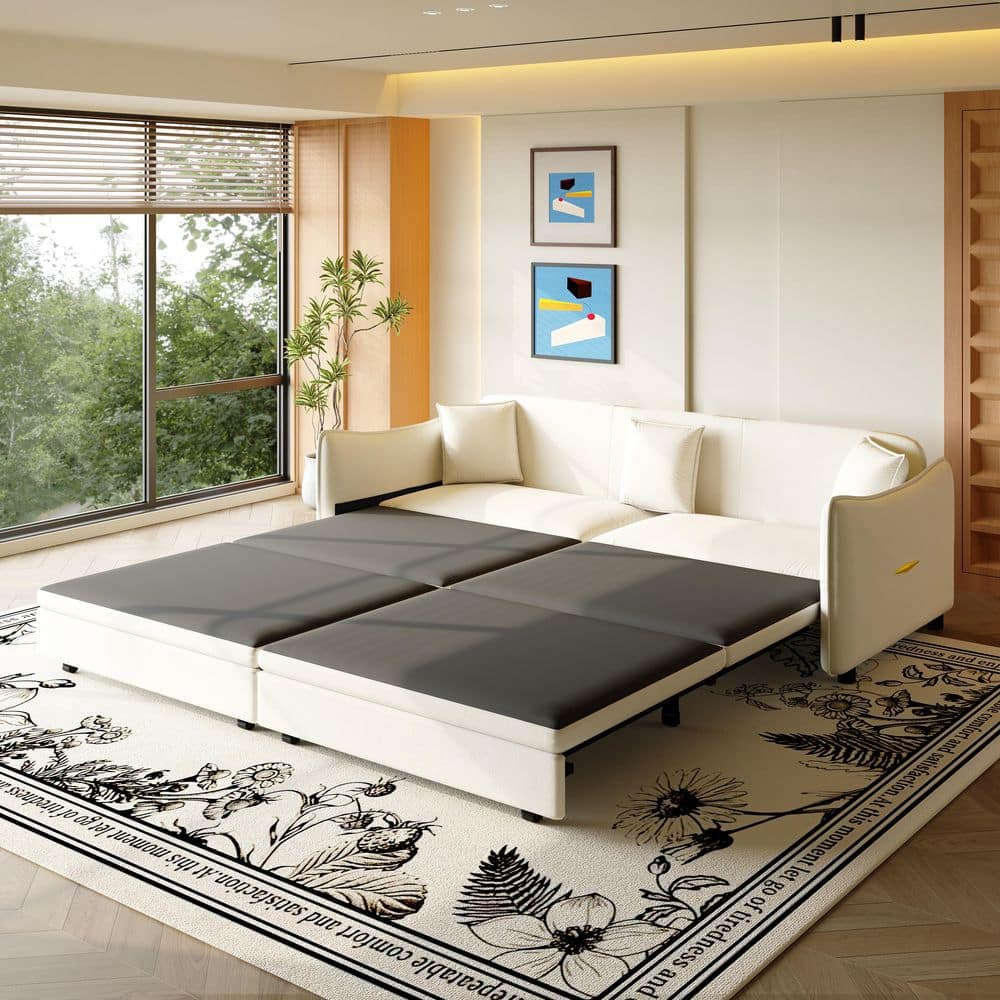 81.9 in. W Beige Velvet King Size 3 in 1 Convertible Sofa Bed with 3 Pillows, Pull Out Bed