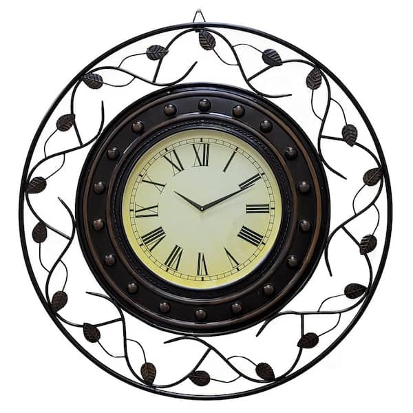 Quickway Imports Decorative Vintage Roman Numerical Wall Clock with Black Metal Leaf Design Frame for Dining Living Room or Kitchen