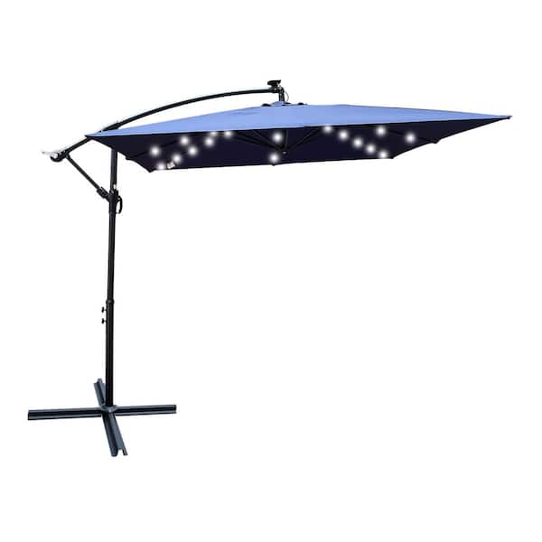 FIROMO 98 in. x 98 in. x 98" Outdoor Patio Umbrella with Crank Handle and Cross Base Solar Powered LED Light Illumination Blue