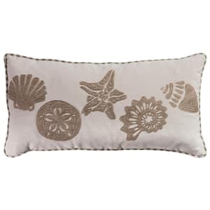 Natural/Tan Coastal Shells Embroidered Cotton Poly Filled 11 in. X 21 in. Decorative Throw Pillow