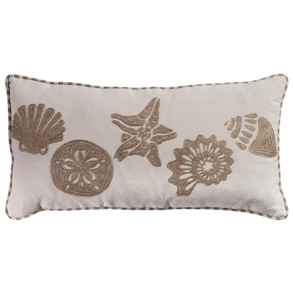Unbranded Natural/Tan Coastal Shells Embroidered Cotton Poly Filled 11 in. X 21 in. Decorative Throw Pillow