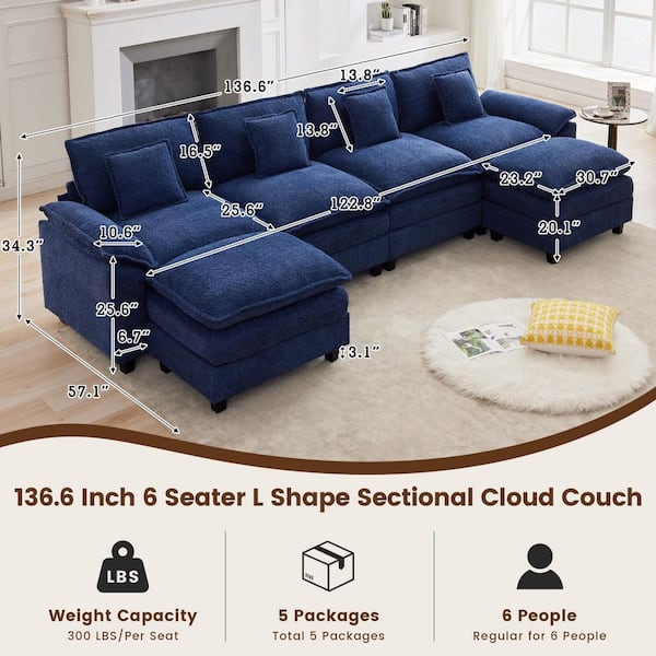 JEAREY Navy 136.6 in. Chenille Fabric 6 Seat Pillow Top Arm U