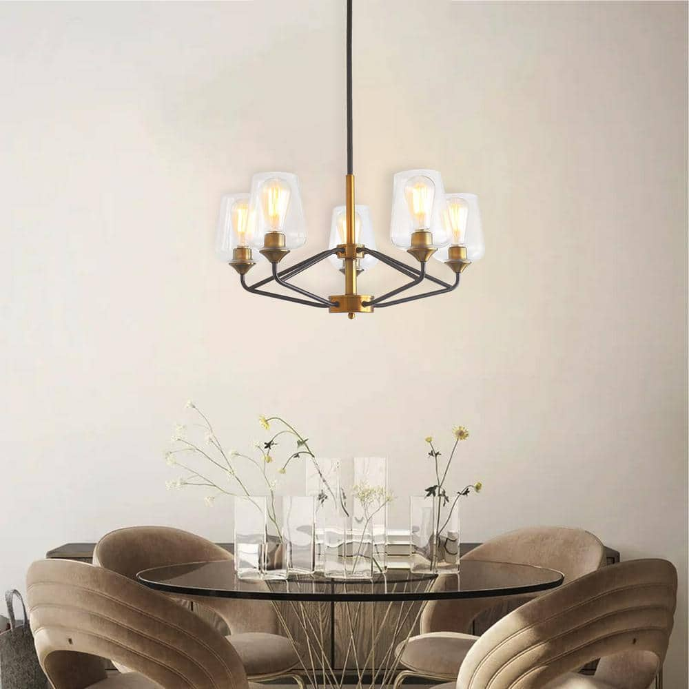 5-Light Black and Gold Large Chandelier Brushed Brass Mid Century ...