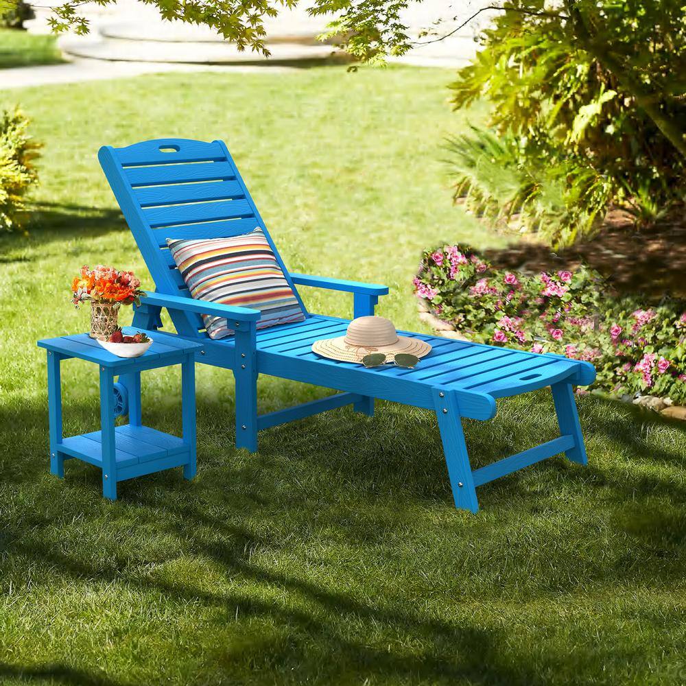 Blue Adjustable Plastic Outdoor Chaise Lounge with Arms