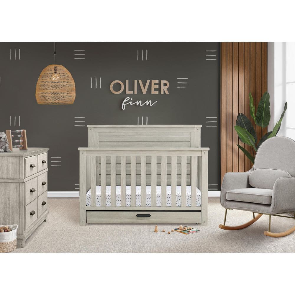 Delta Children Poppy 6-Piece Baby Nursery Furniture SetIncludes: Convertible Crib, Dresser, Changing Top, Mattress, Sheets, & Changing Pad, Midnight Grey W/Natural