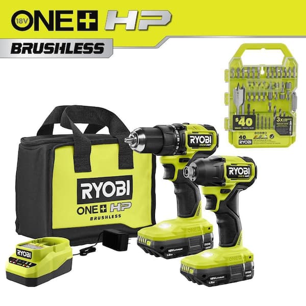 ONE+ HP 18V Brushless Cordless Compact 2-Tool Combo Kit w/(2) Batteries, Charger, Bag & Drill & Impact Drive Kit (40PC)