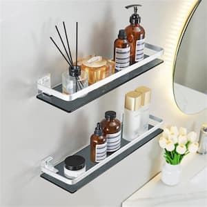 2 Pcs 15.74 in. W x 4.88 in. H x 2.85 in. D Glass Rectangular Wall Mounted Shelf in Silver for Shower