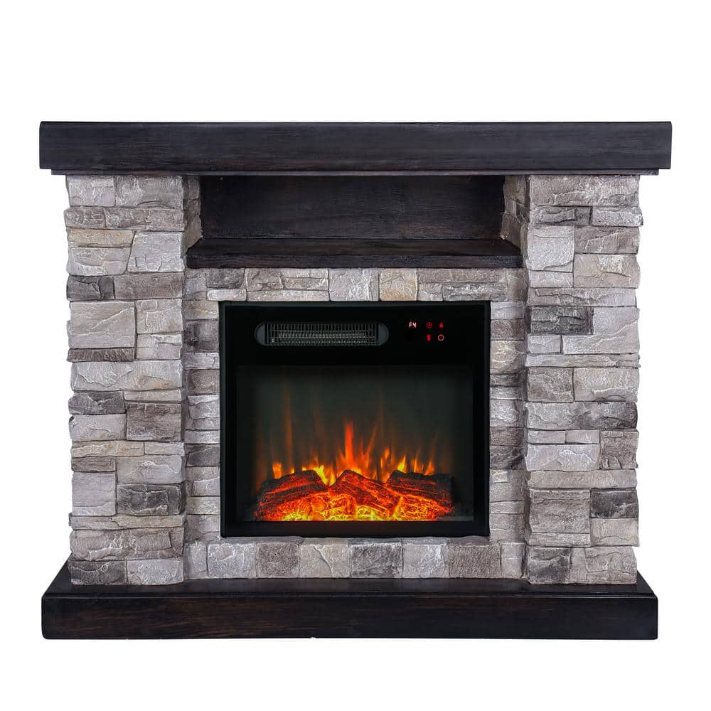 39" Gray Faux Stone Freestanding Electric Fireplace with LED Shelf