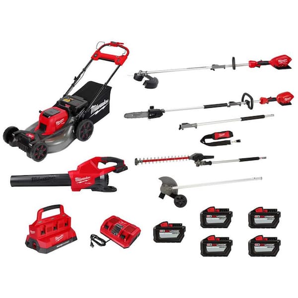 Milwaukee M18 FUEL 18V Cordless Mower, Dual Blower, String Trimmer, (4) QUIK-LOK Attachments, (5) 12.0 Ah Batteries, (2) Charger