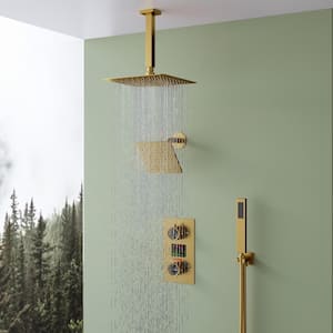 3-spray Dual Shower Head and Handheld Shower Head with Temperature Display in Brushed Gold(Valve Included)