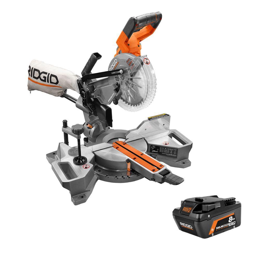 RIDGID 18V Brushless Cordless 7-1/4 in. Dual Bevel Sliding Miter Saw with 18V 8.0 Ah MAX Output EXP Lithium-Ion Battery -  R48607R840080