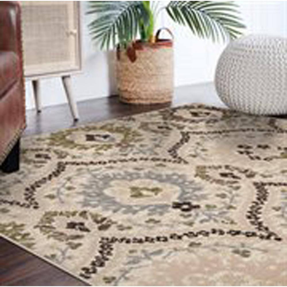 Ivory and Multicolor Floral Synthetic Square Area Rug