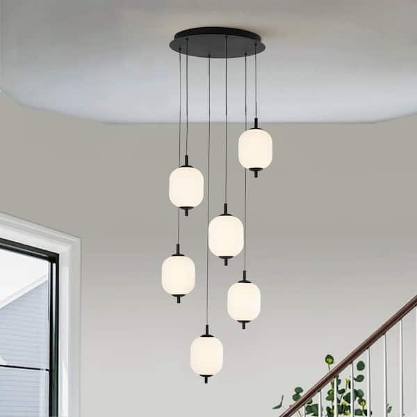 6-Light Dimmable Integrated LED Black Farmhouse Globe Cluster Chandelier Hanging Pendant Light Fixture Kitchen Island