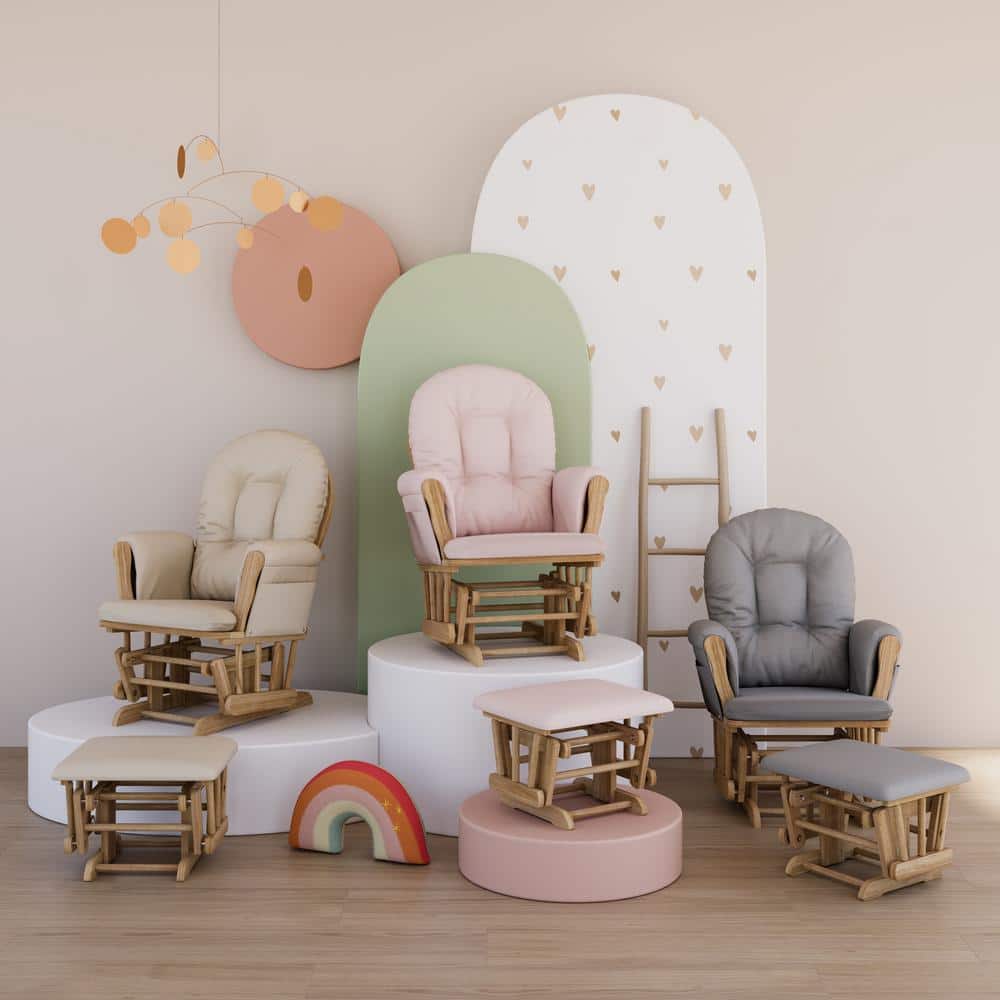 Natural Wood Nursery Glider and Ottoman with Pink Cushions