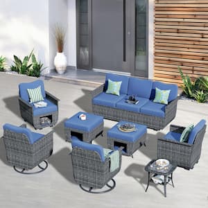 Fortune Dark Gray 8-Piece Wicker Outdoor Patio Conversation Set with Denim Blue Cushions and Swivel Chairs