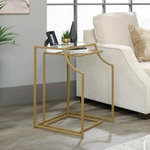 International Lux 19.5 in. Satin Gold Square Glass Top End Table with Second Nesting Table 2-Pieces