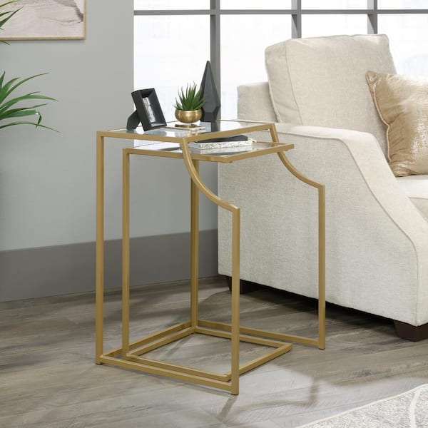 SAUDER International Lux 19.5 in. Satin Gold Square Glass Top End Table with Second Nesting Table 2-Pieces