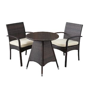 Peterson Multi-Brown 3-Piece Faux Rattan Round Outdoor Bistro Set with Beige Cushions