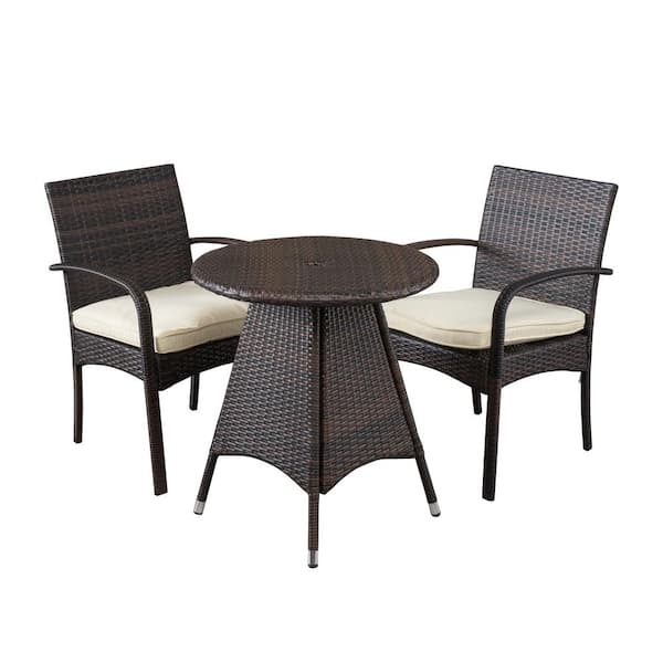 Noble House Peterson Multi-Brown 3-Piece Faux Rattan Round Outdoor Bistro Set with Beige Cushions