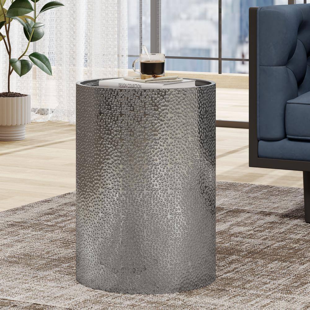 Elegant Silver Hammered Iron Round Accent Table