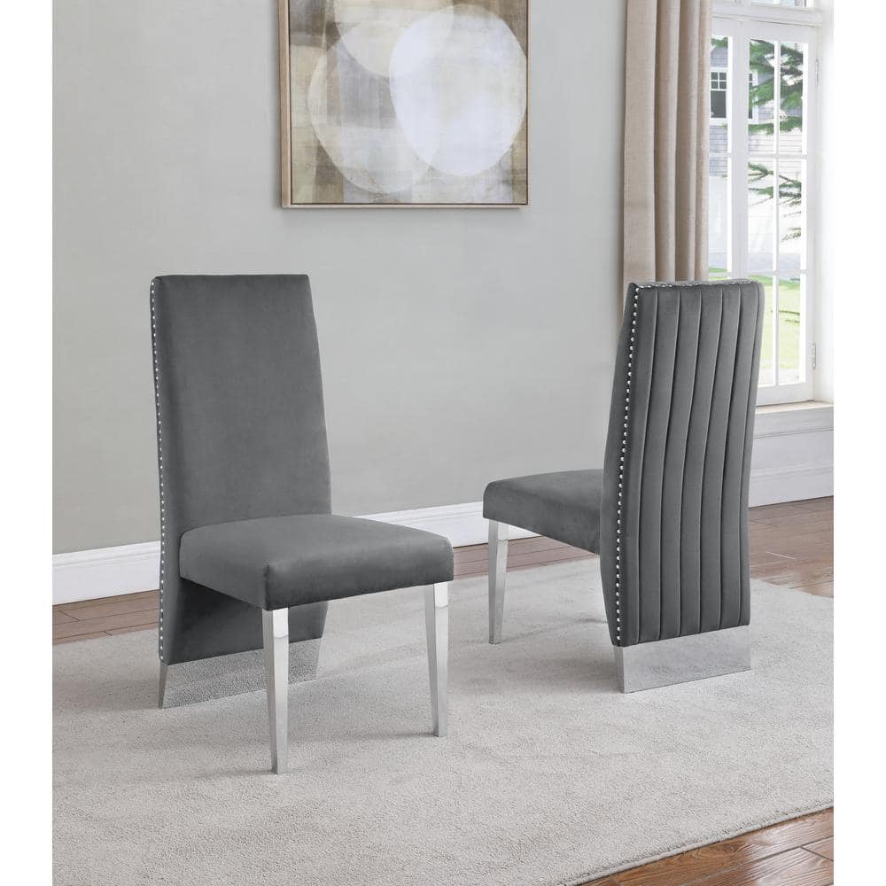 Silver Stainless Steel 9 Piece Dining Set with Marble Table and Dark Gray Velvet Chairs
